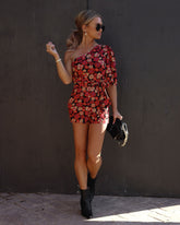 Kalila Floral One Shoulder Tie Romper - Red Multi Oshnow